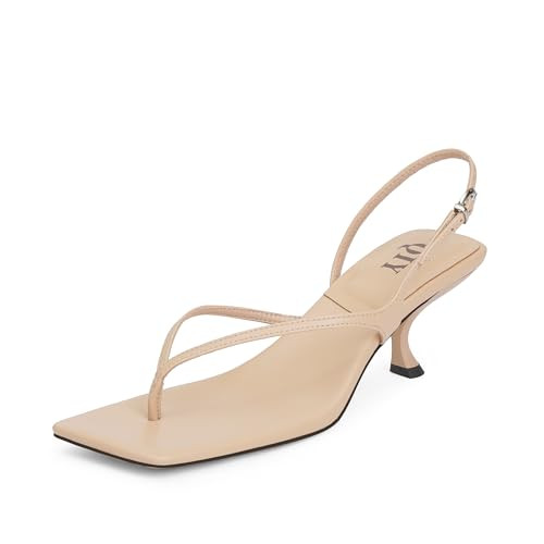 QIY Kitten Heels for Women - Nude Strappy Low Heel Sandals With Square Open Toe Thong - Comfortable Size 7 | Amazon (US)