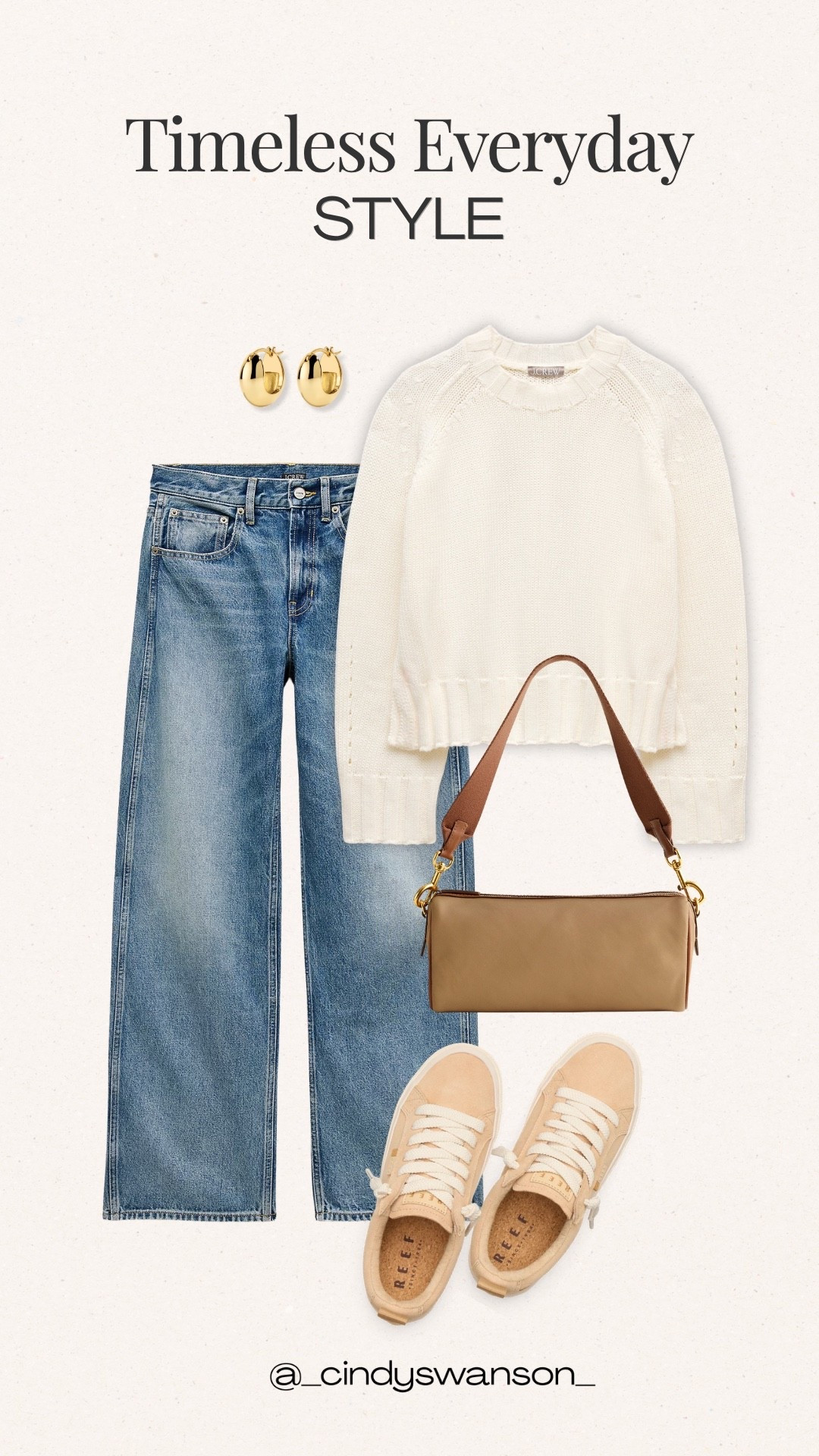 A classic combination I always come back to: a cozy ivory knit sweater, timeless blue jeans, and neutral sneakers. Paired with a simple tan bag, this is an easy, polished everyday outfit that feels just right for casual weekends, errands, or lunch out.

#LTKOver40 #LTKootd