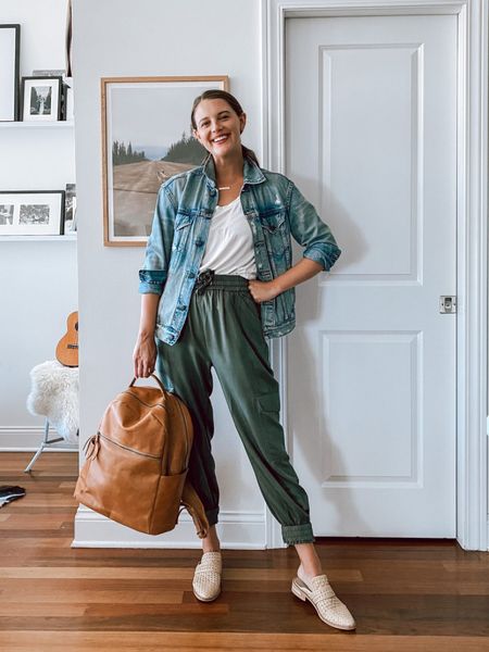 Freda Salvador mules on sale! Use code FALLFAVES. ABLE Merly jean jacket on sale with code ABLE30. 

ABLE Merly jean jacket medium (sized up for an oversized fit)
ABLE Mae tee
Freda Salvador Keen Mules 
ABLE joggers (old)
ABLE Alem leather backpack 
Fall outfits, fall style, mules, jean jacket 

#LTKsalealert #LTKSeasonal #LTKshoecrush