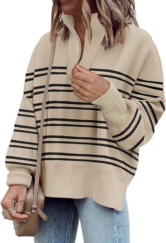 Womens Sweaters Casual Zipper Neck Knit Tops Batwing Sleeve Oversized Sweatshirt Stripes Pullover Sw | Amazon (US)