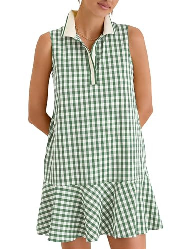 Shiyifa Womens Gingham Polo Dress Sleeveless Golf Mini Dresses Summer V Neck Plaid Tennis Sundress with Pockets(Green-S) | Amazon (US)