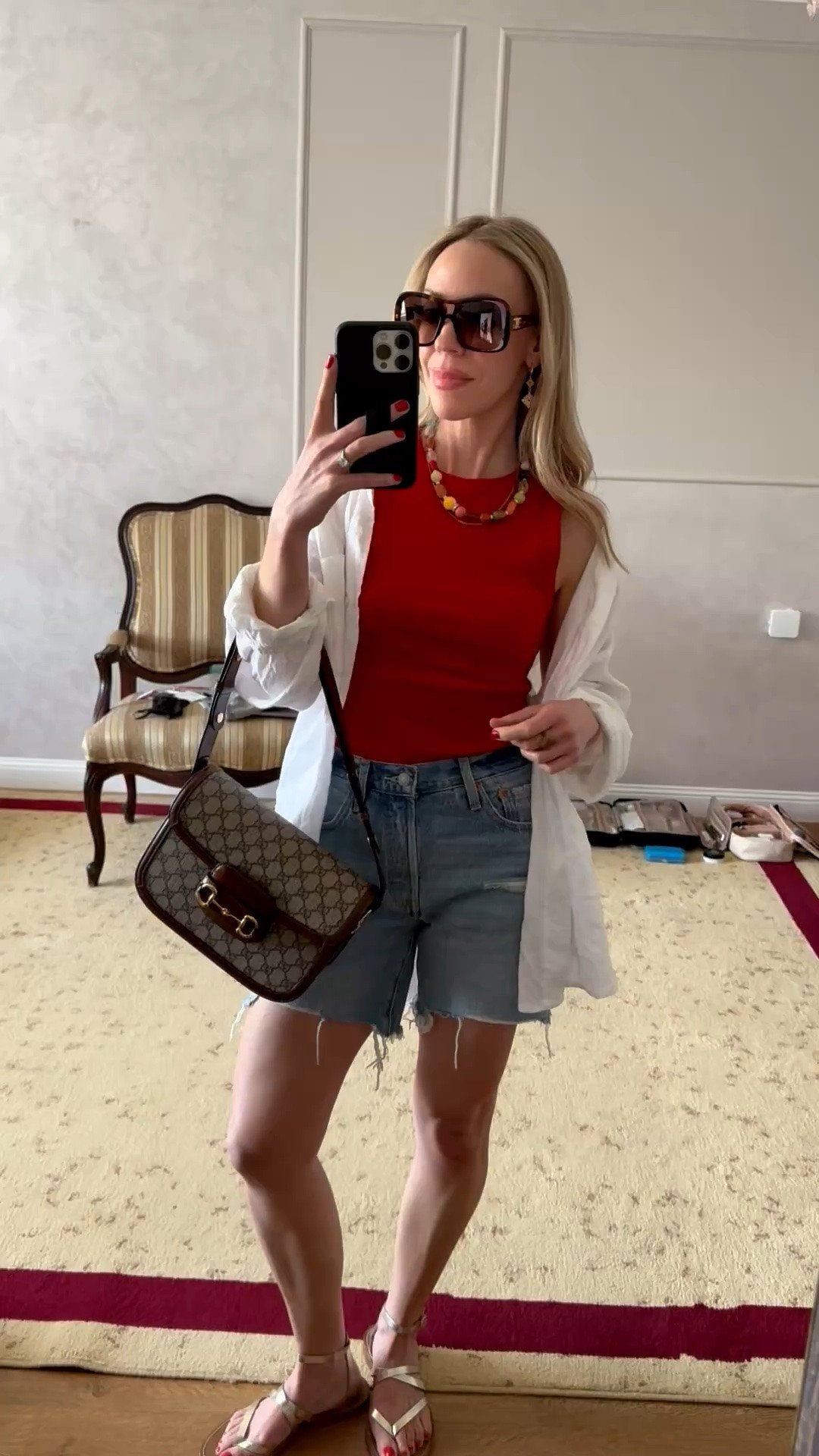 The best denim shorts! So flattering 

Casual summer outfit, linen shirt, tomato red tank, beaded necklace, @levi denim shorts

#LTKdayinmylife #LTKootd #LTKSeasonal