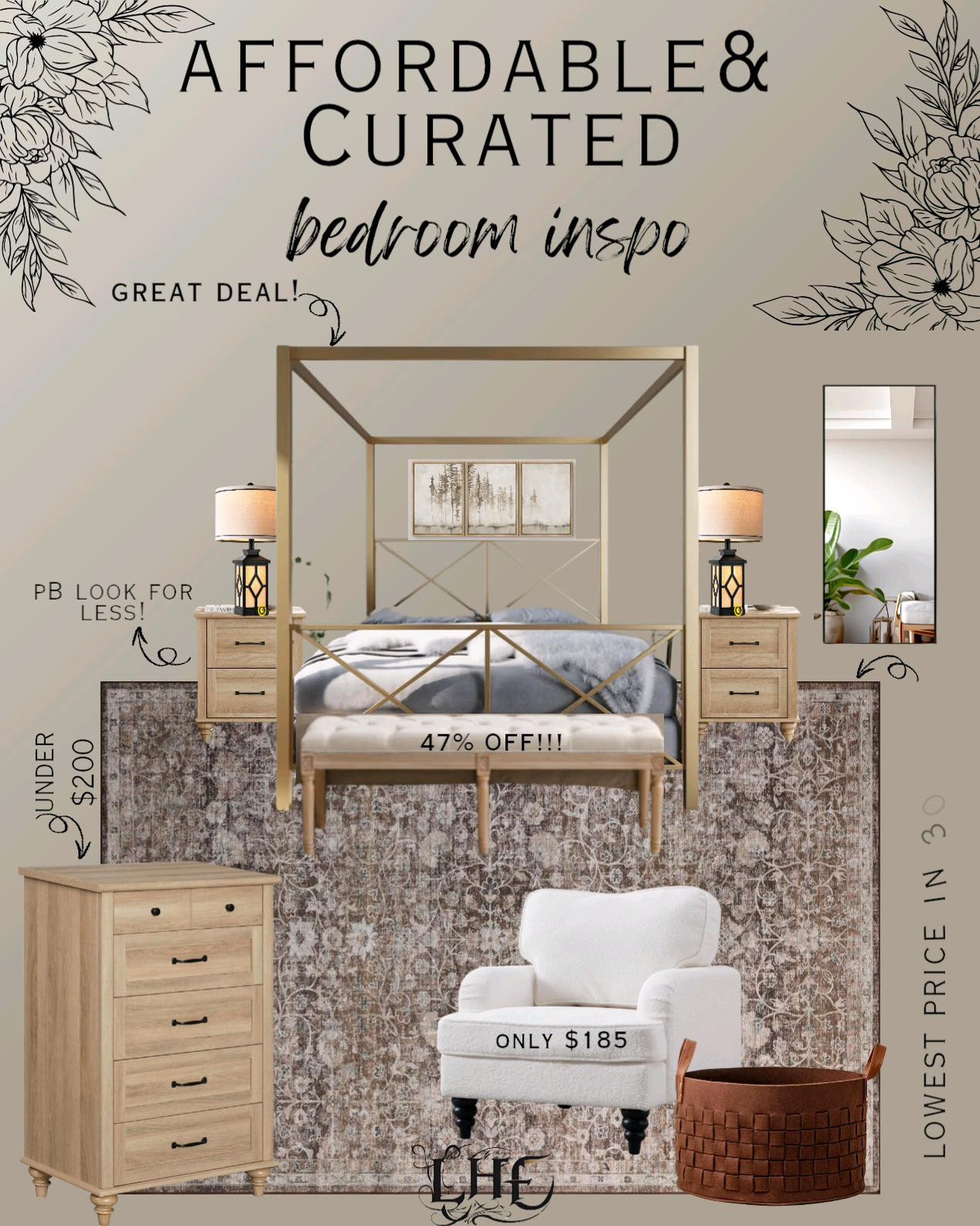 Bedroom inspo with Pottery Barn inspired finds! Shop by clicking the thumbnails below 👇.  . . Modern farmhouse bedroom, bedroom inspo, bedroom furniture, farmhouse bedroom inspo, canopy bed, Pottery Barn looks for less, designer looks for less, bedroom rug, amazon rug, rug, vintage rug, affordable nightstands, bedroom chair, accent chair, chair, sitting chair, wall mirror, bedroom wall mirror, bedroom mirror, full length mirror, farmhouse lamp, table lamp, farmhouse style table lamp, farmhouse bedroom inspo, pottery Barn dupes, affordable bedroom furniture, affordable bedroom 

#LTKSaleAlert #LTKHome #LTKStyleTip
