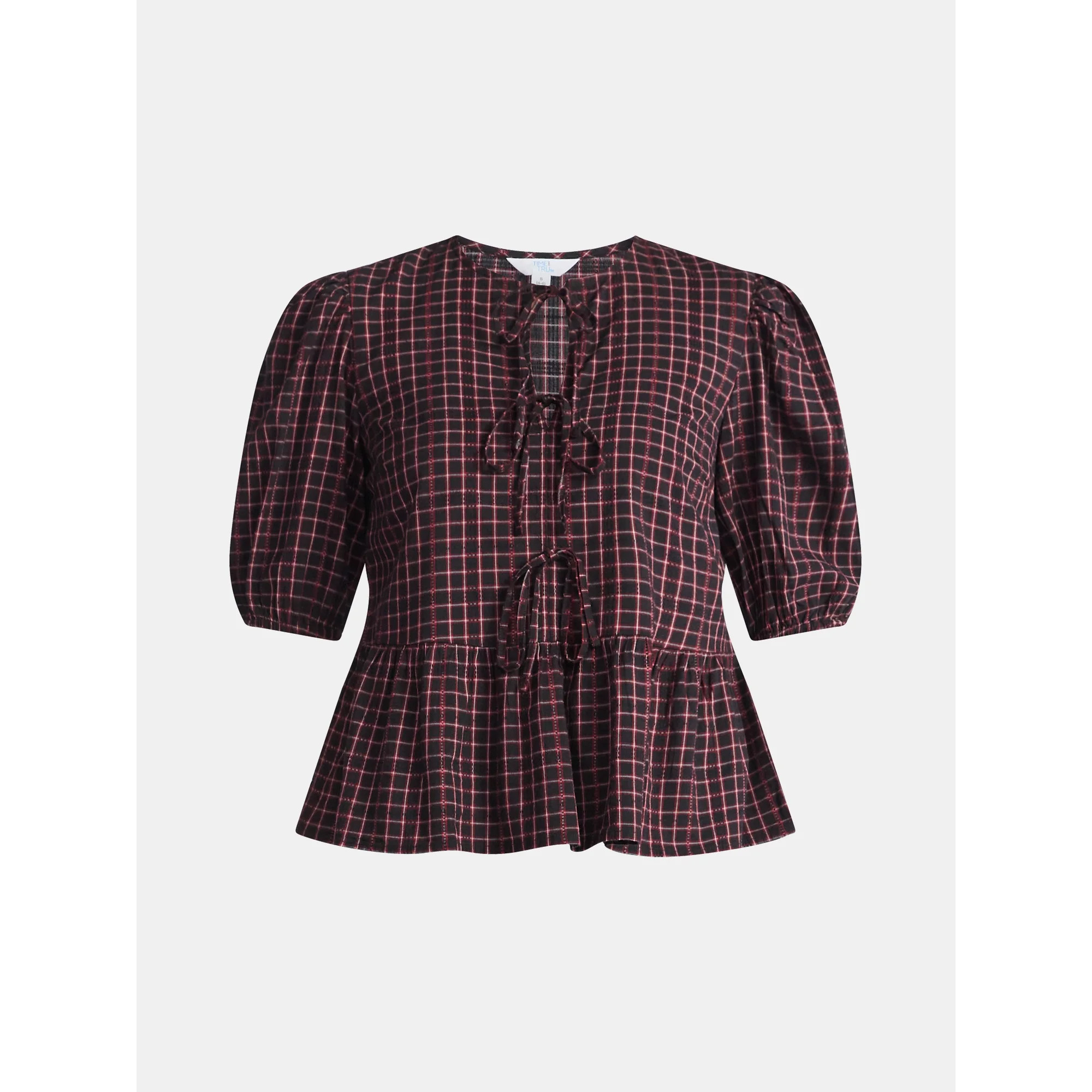 Time and Tru Women's Tie Front Peplum Top with Short Puff Sleeves, Size XS – XXXL - Walmart.com | Walmart (US)