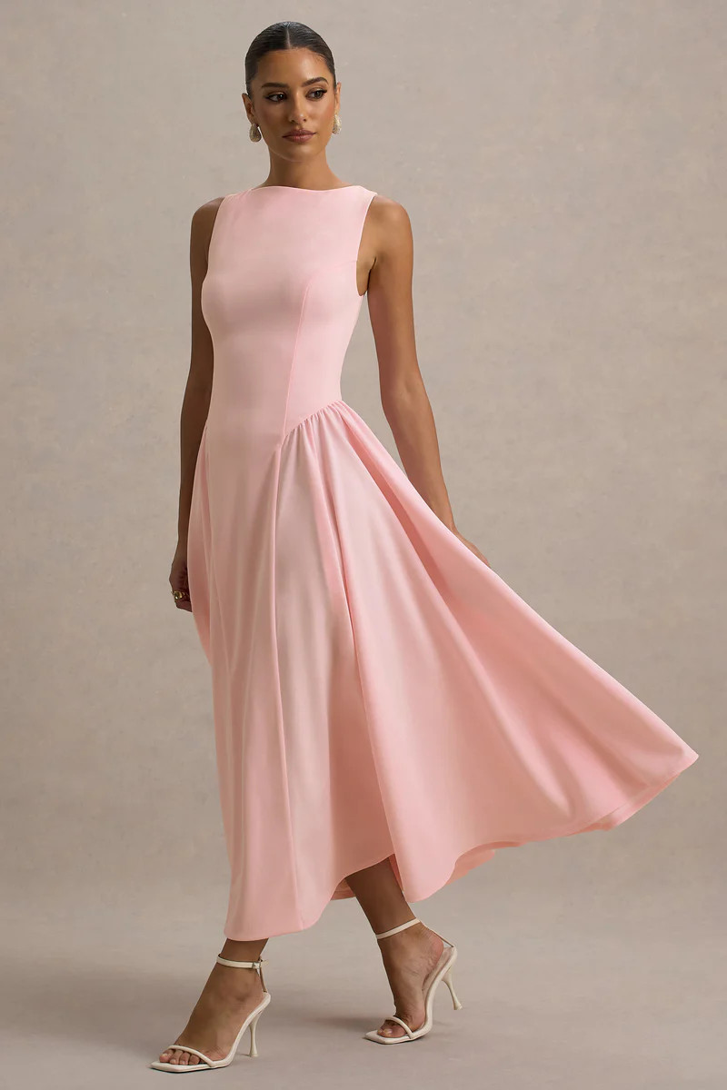 Muriel | Pink Boat-Neck Volume-Hem Midi Dress | Club L London