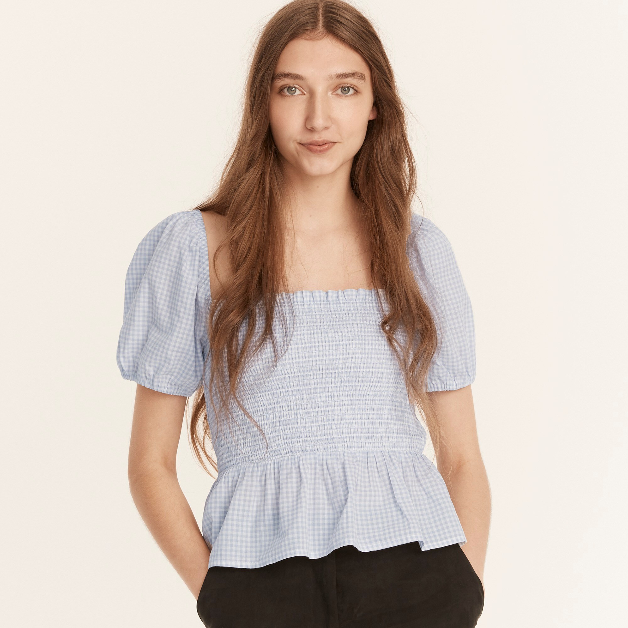 Squareneck smocked cotton voile top in gingham | J. Crew US