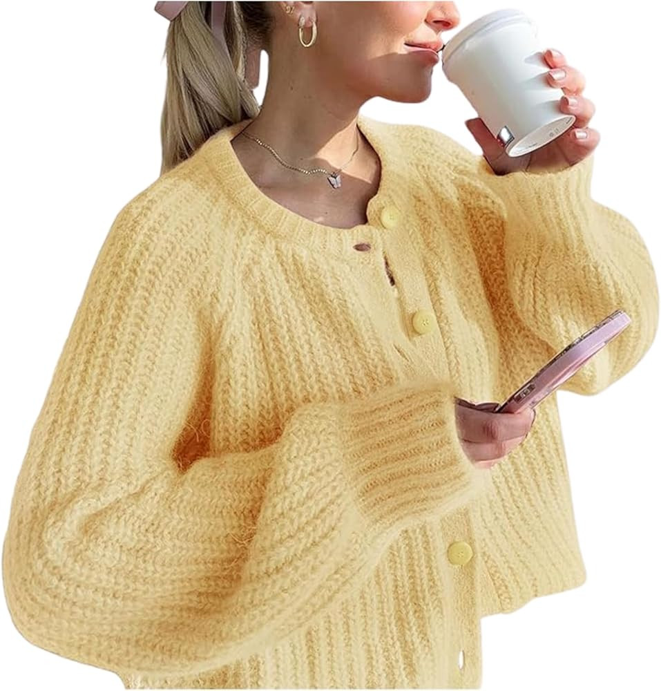 Esmeling Women’s Long Sleeve Crewneck Sweater Cardigans Fall Casual Solid Chunky Knit Coat | Amazon (US)