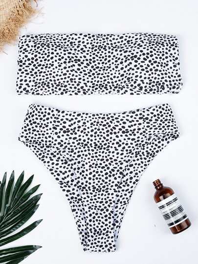 Spot Pattern Bandeau Top With High Waist Bikini | SHEIN
