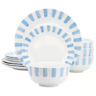 Pacific Waves 12-Piece Round Ceramic Dinnerware Set in Blue Service for 4 | The Home Depot