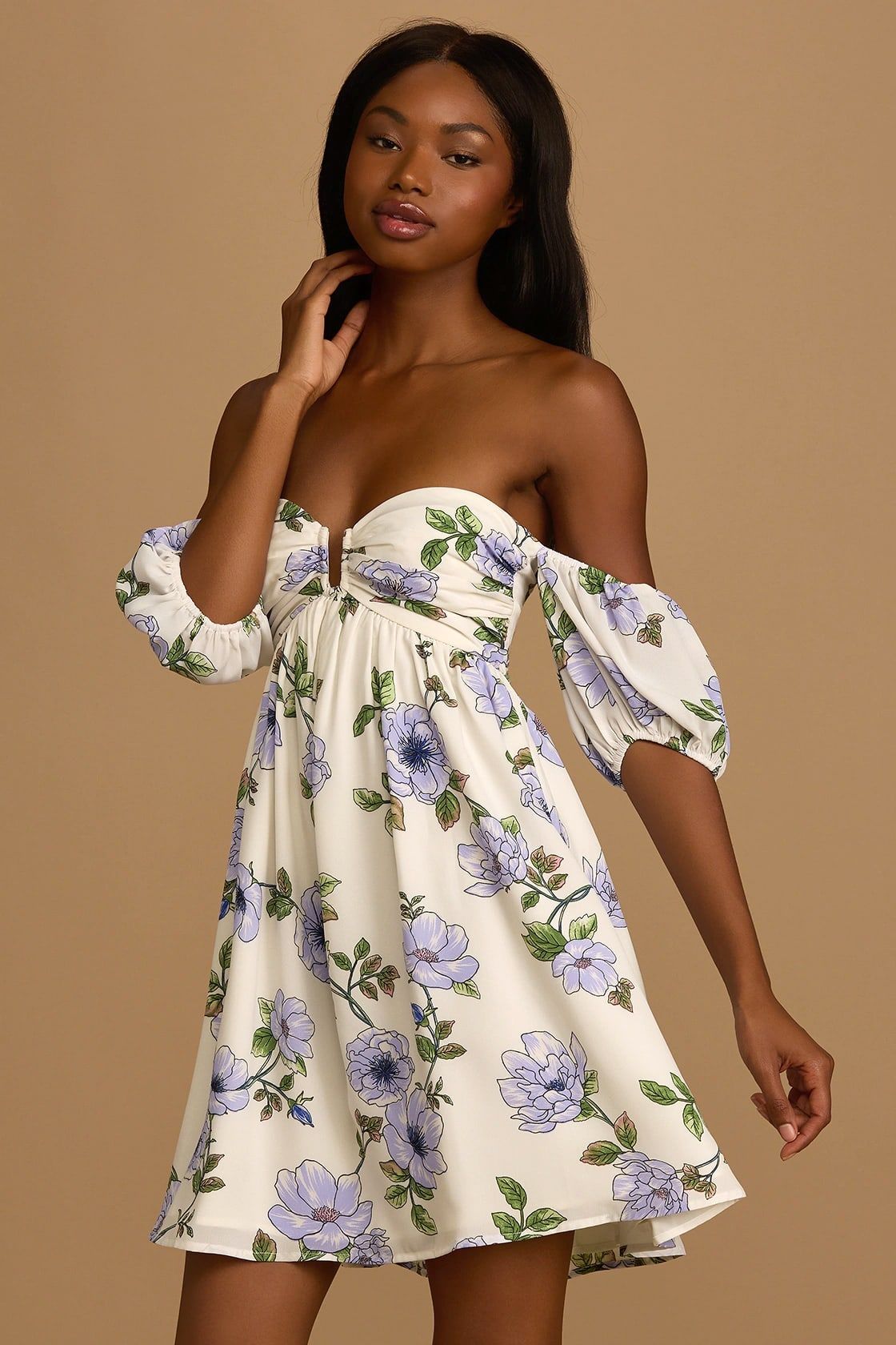 My Dream Date Ivory Floral Print Off-the-Shoulder Mini Dress | Lulus (US)