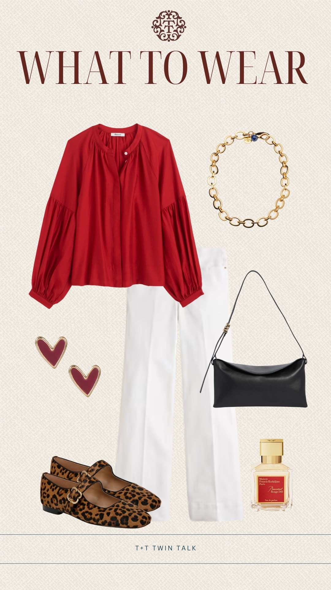 T+T, what to wear for Valentine’s Day! We are loving this red long sleeve blouse from Nordstrom paired with white pants and a cheetah print Mary Jane flat. For accessories we would add a Jane Win chunky link necklace, heart shaped stud earrings, and a simple black purse. 

#LTKOver40 #LTKValentine #LTKgrwm