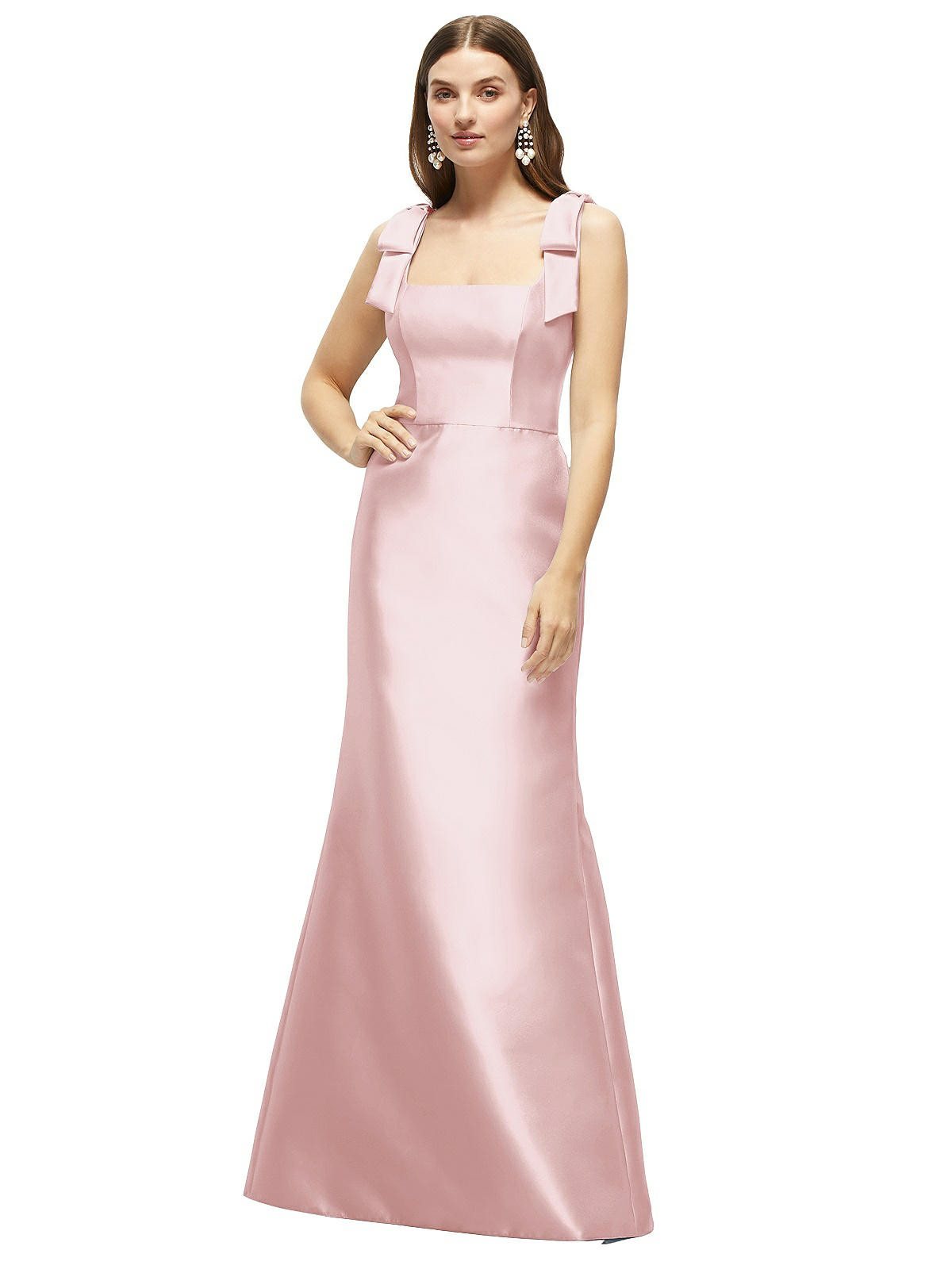Satin Fit and Flare Maxi Dress with Shoulder Bows | Dessy Group
