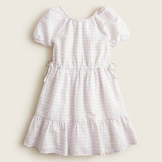 Girls' linen tiered puff-sleeve dress in gingham | J.Crew US
