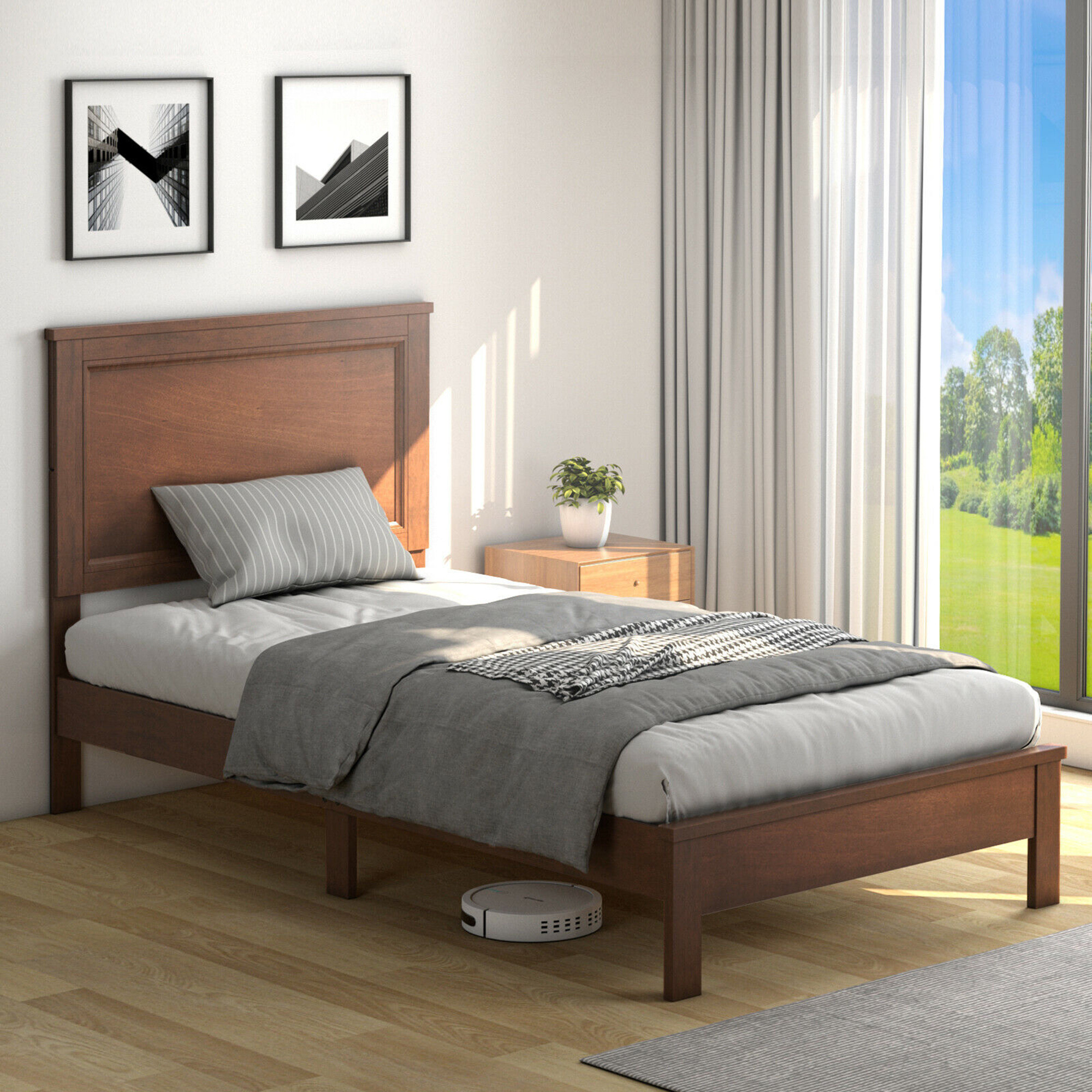 Gymax Twin Size Bed Frame Platform Slat High Headboard Bedroom Rubber Wood Leg Walnut | Walmart (US)