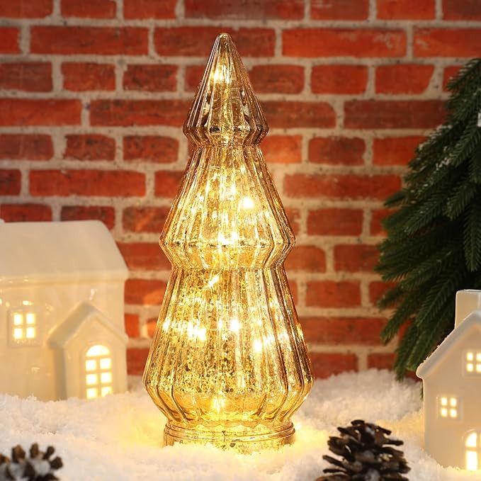 Christmas Decorations-Light Up Gold Mercury Glass Christmas Tree-Tabletop Christmas Tree with LED... | Amazon (US)