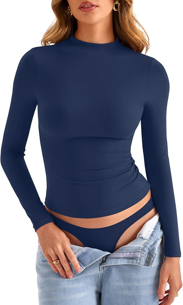 Womens Double Lined Mock Turtle Neck Long Sleeve Tops Slim Fitted Going Out Tops Basic T Shirts | Amazon (US)