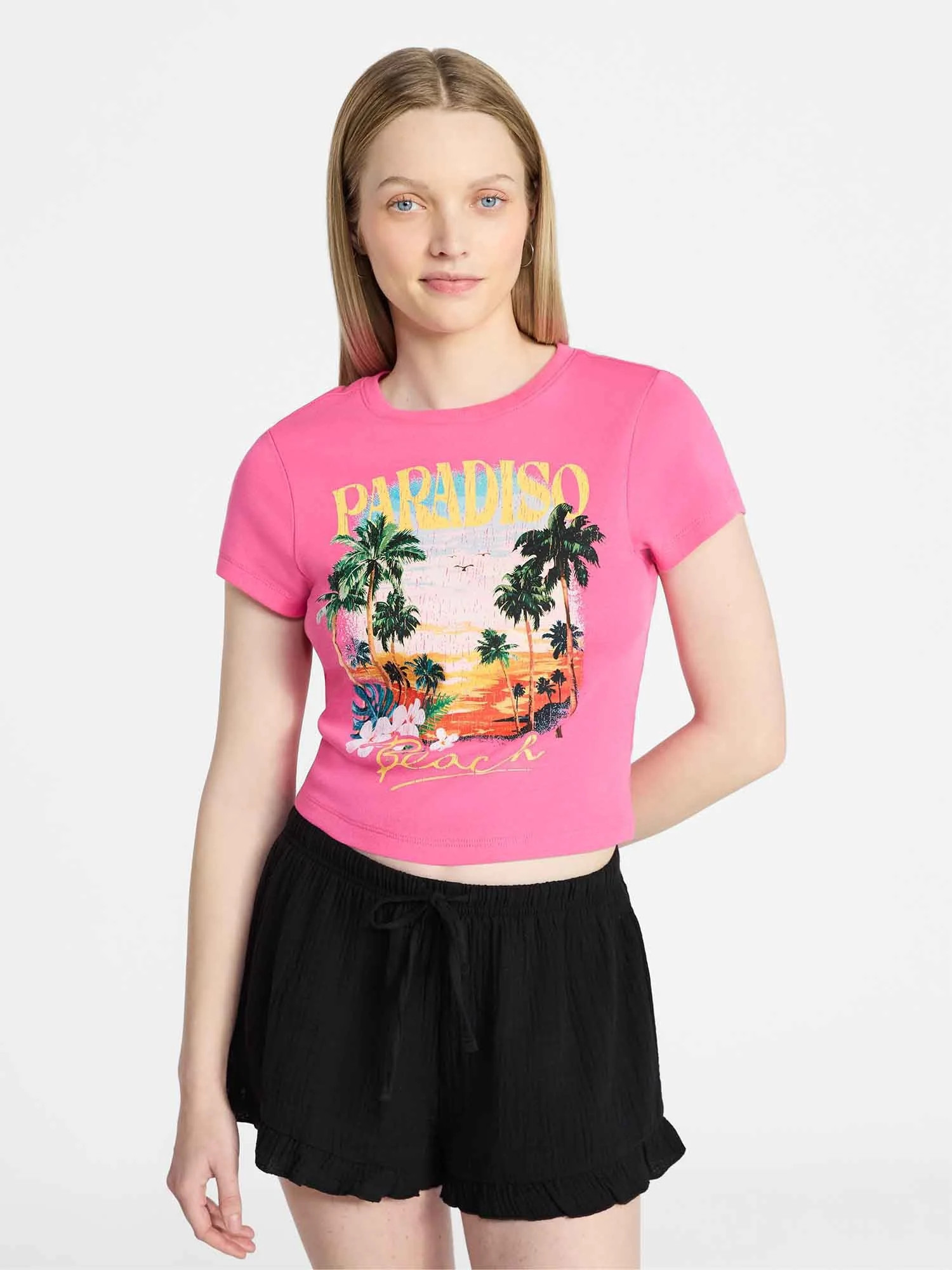 No Boundaries Ribbed Cotton Graphic Baby Tee with Short Sleeves, Women's XXS-XXL | Walmart (US)