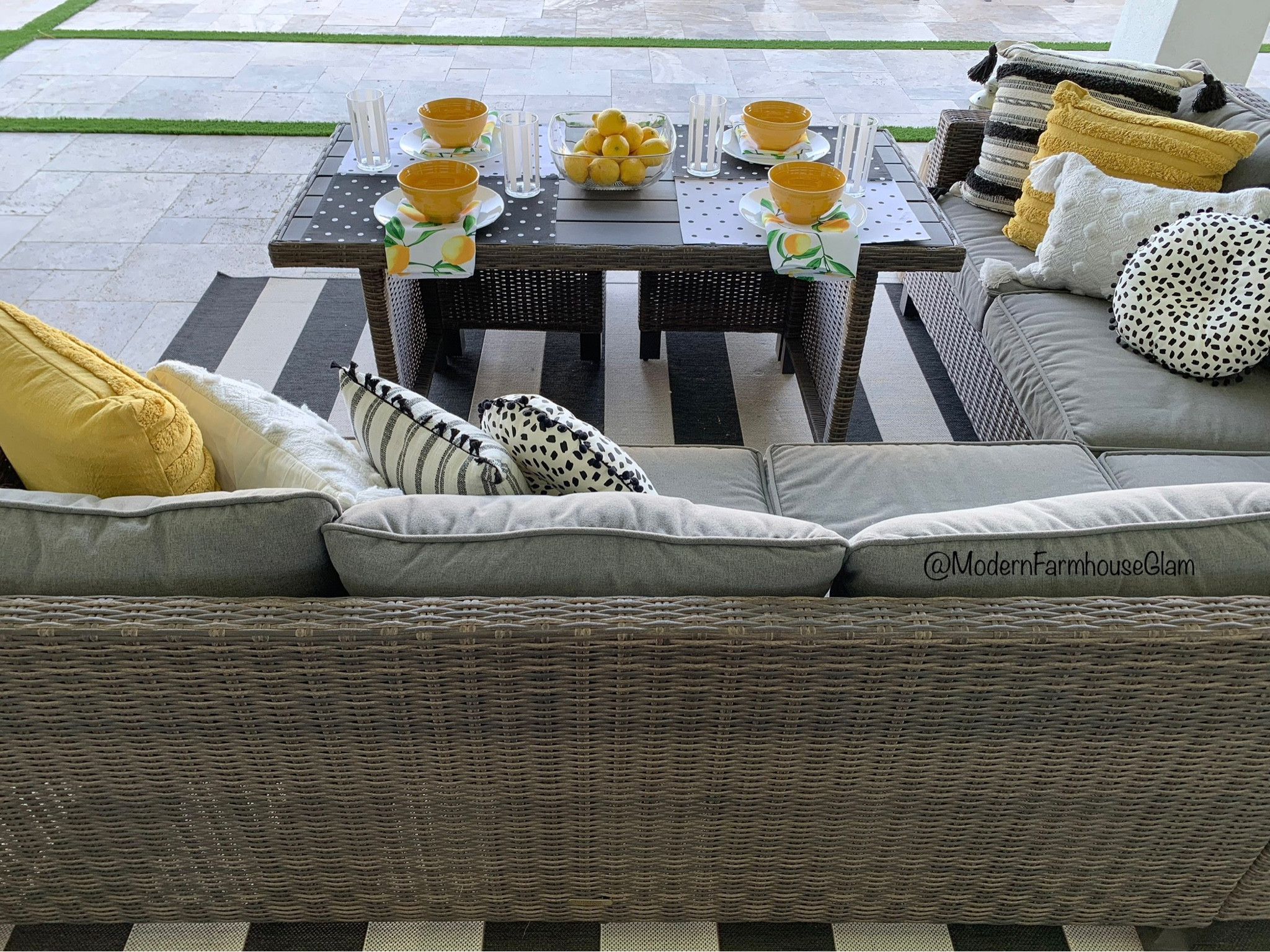 Patio set at Modern Farmhouse Glam

Outdoor furniture pillows rug home decor cups placemats lemons couch sectional table Walmart home bowls yellow wicker 

#LTKFind #LTKsalealert #LTKhome