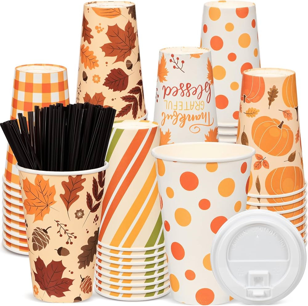 Umigy 60 Pack Fall Paper Coffee Cups 16 oz Thanksgiving Paper Hot Cup Coffee Cups Disposable with... | Amazon (US)