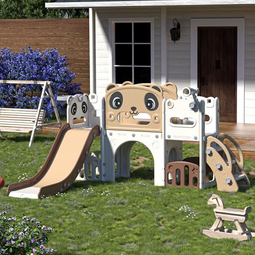 NYEEKOY 9-in-1 Toddler Slide and Climber Set Indoor Outdoor Slide Playset for Kids Age 1-8, Freestanding Backyard Playground with RNG Toss, Basketball Hoop,Telescope, Storage Space | Amazon (US)