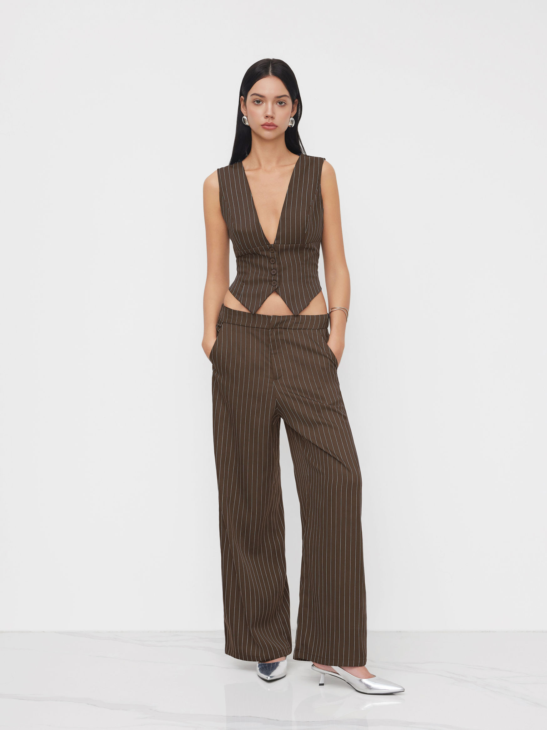 Woven V-neck Stripe Button Tank Top & Mid Rise Pocket Straight Leg Trousers Set For Work | Cider