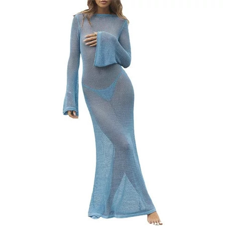Womens Summer Long Knit Beachwear Solid Color Long Sleeve O Neck Hollow Cover Up | Walmart (US)