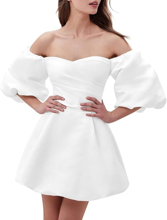 VOfuter Puff Sleeve Short Wedding Dress Sweetheart Satin Homecoming Dress for Teens Off Shoulder ... | Amazon (US)