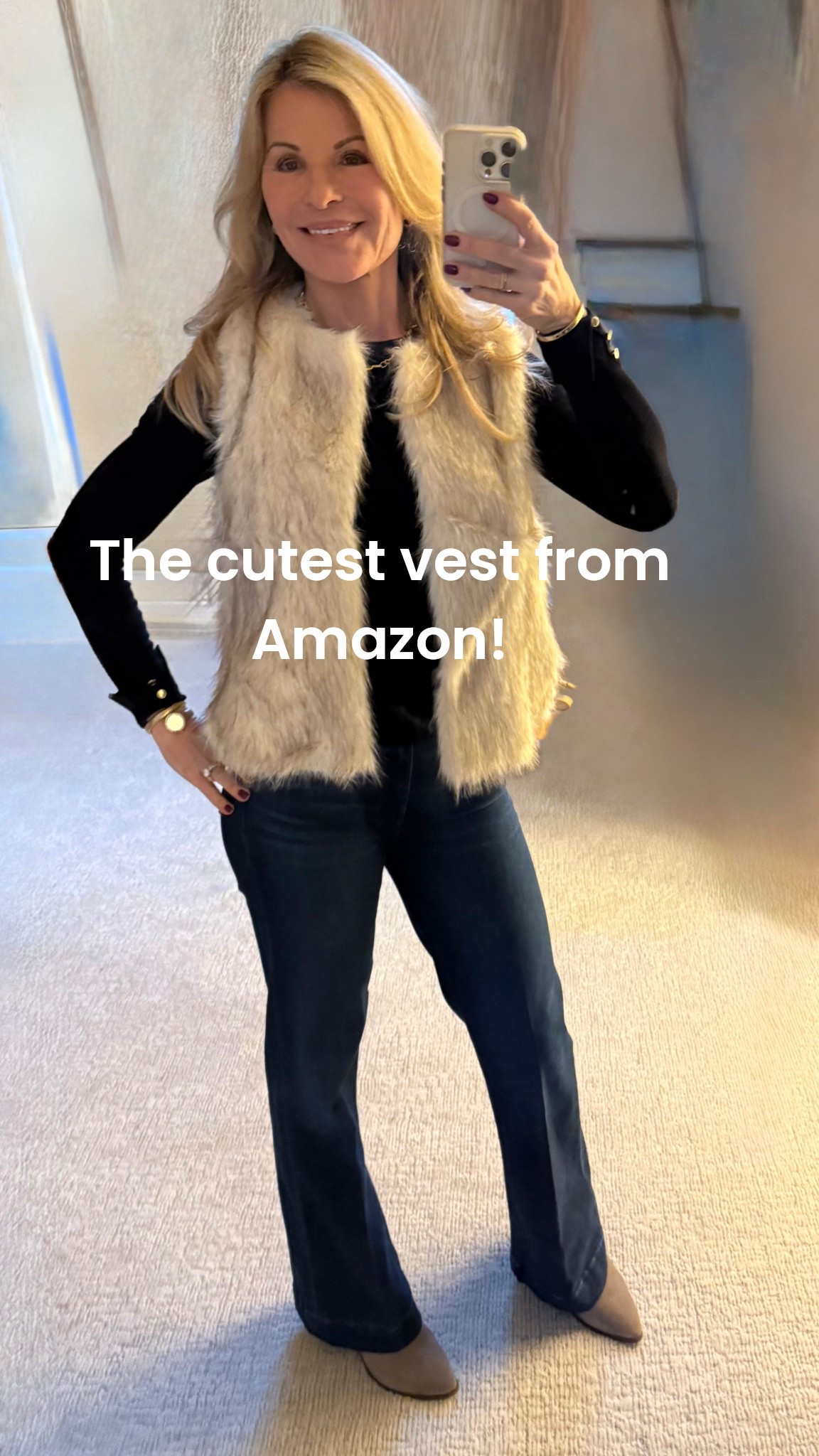 This faux fur vest is so soft and comfortable and perfect for in between seasons. Only $35.99  It fits TTS. I am wearing the jeans on repeat because they fit so well and look classy too  

#LTKFindsUnder100 #LTKTall #LTKSeasonal