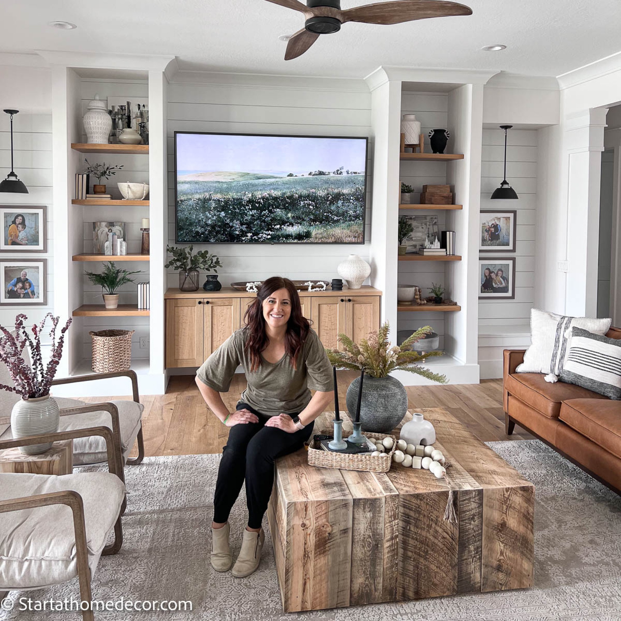 Family room decor. Open shelves decor 