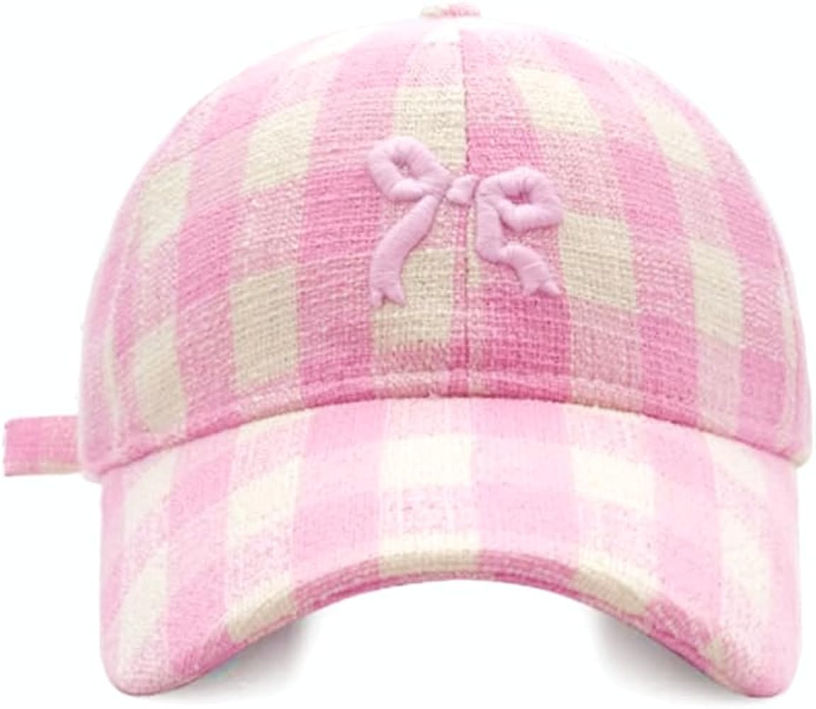Women's Pink Gingham Hat,Cute Bowknot Cotton Adjustable Baseball Cap for Sports Party | Amazon (US)