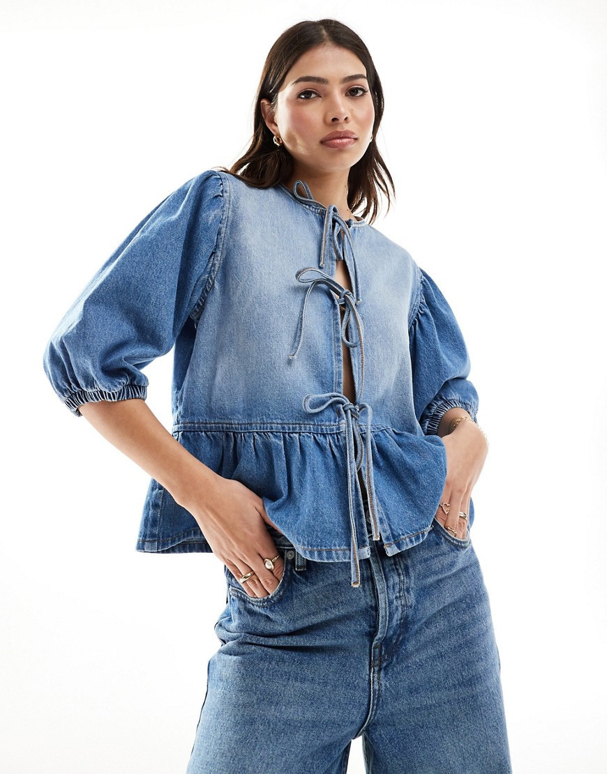 ASOS DESIGN puff sleeve denim blouse with tie front-Blue | ASOS (Global)