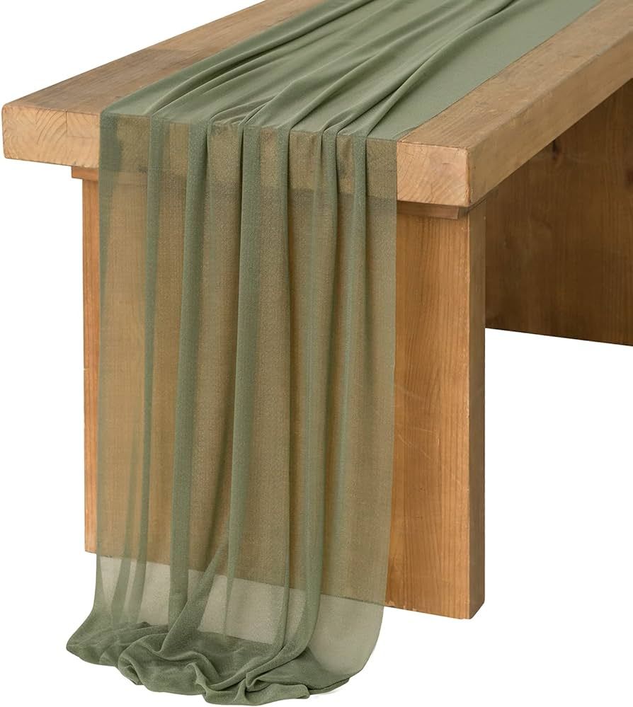 Ling's Moment 10Ft sage Green Chiffon Like Table Runner with Silver Sparkle Light Green Sheer Tab... | Amazon (US)