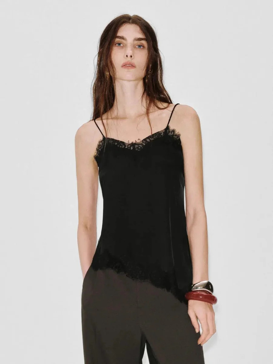 Lace Trim Asymmetric Strappy Tops | Urban Revivo