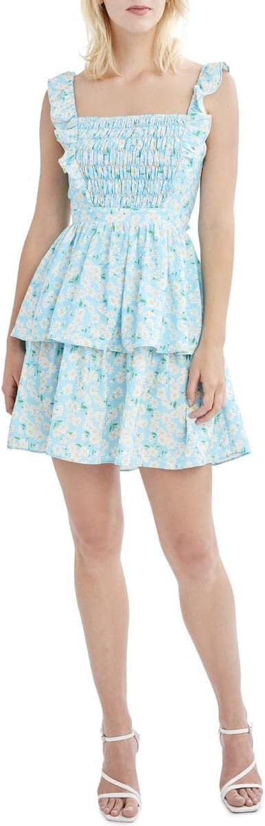 BCBGeneration Women's Fit and Flare Flutter Strap Square Neck Tiered Skirt Tie Back Mini Dress | Amazon (US)