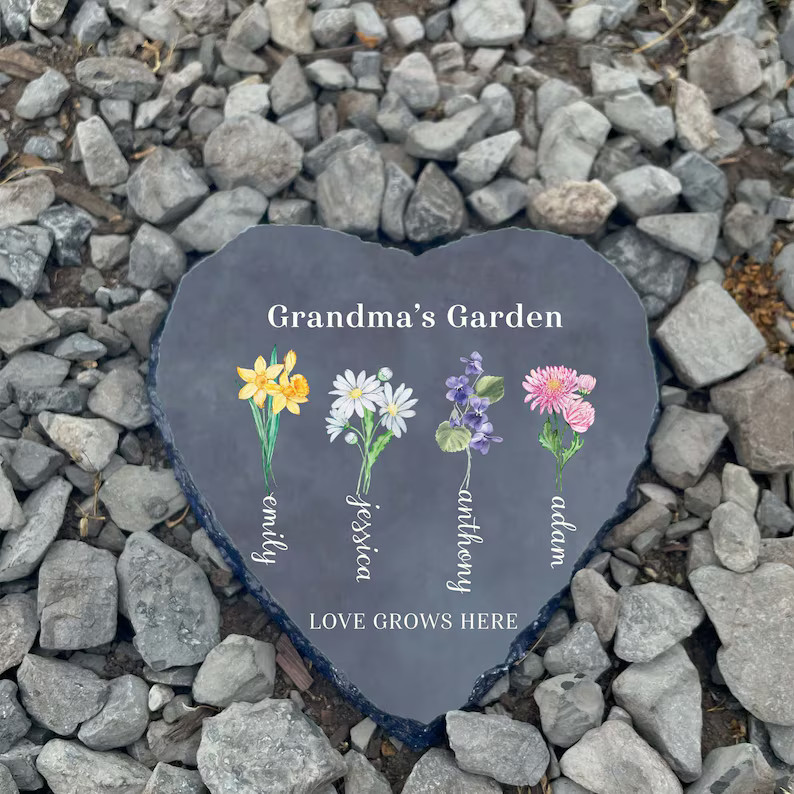 Personalized Garden Stone, Mothers Day Gifts for Grandma With Grandkid's Birth Flower Gift, Heart... | Etsy (US)
