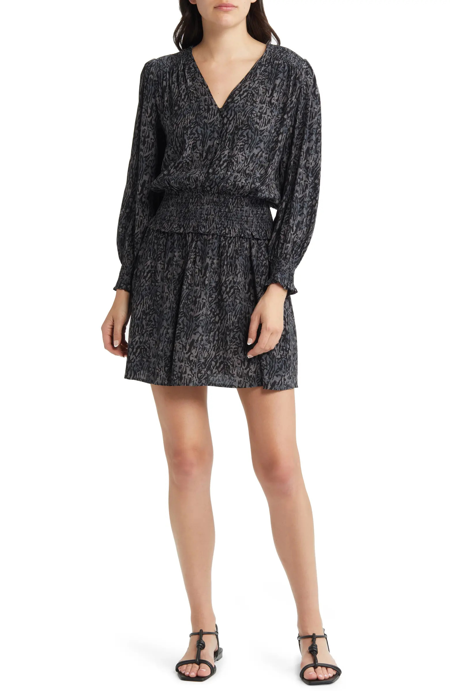 Rails Zana Animal Print Smocked Long Sleeve Minidress | Nordstrom | Nordstrom
