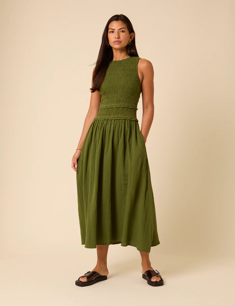 Green Shirred Bodice Ingrid Midi Dress | Nobody's Child