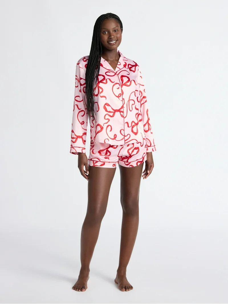 Joyspun Women’s Stretch Satin Notch Long Sleeve Top and Shorts Pajama Set, 2-Piece, Sizes XS-3X | Walmart (US)