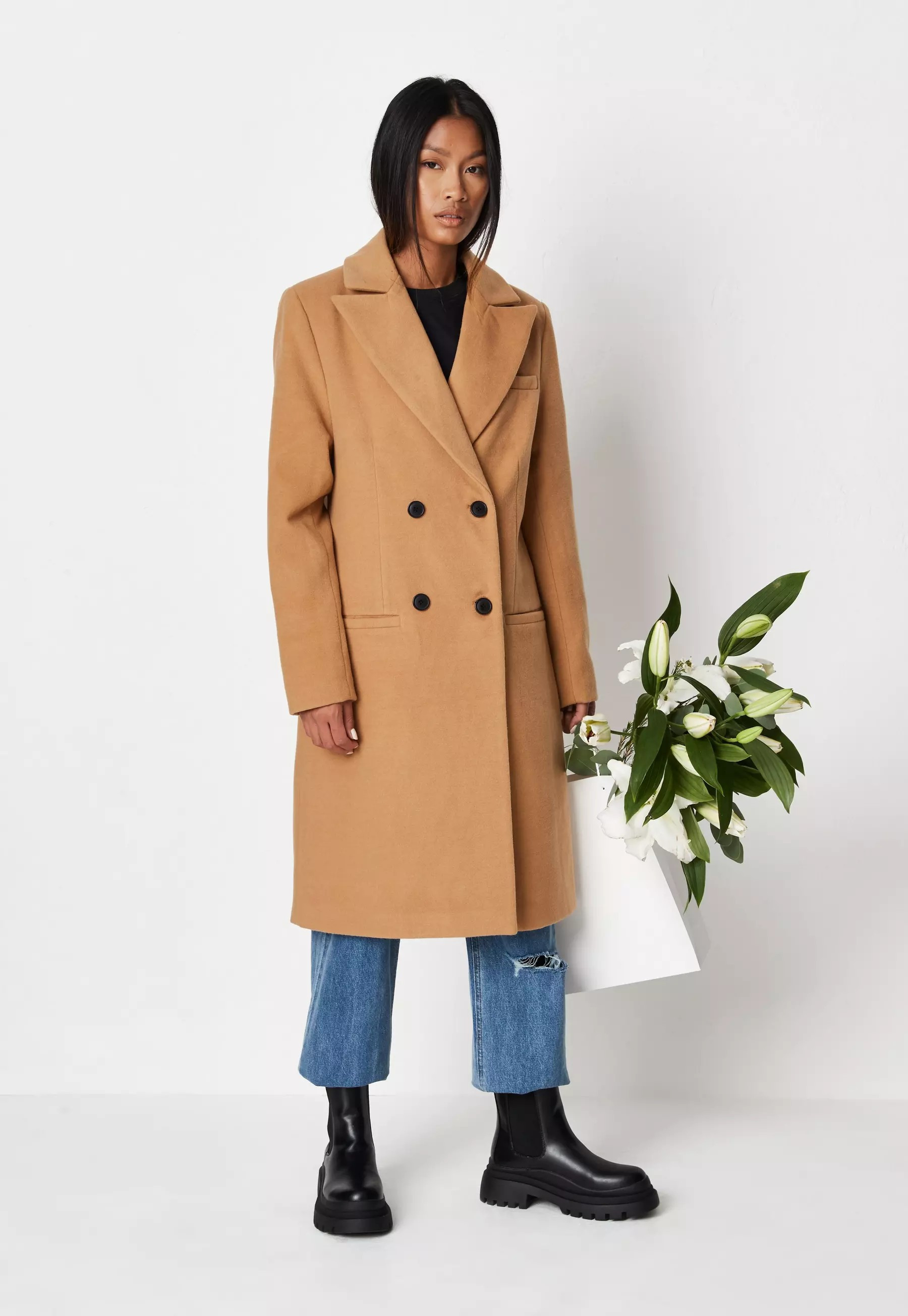 Camel Slim Double Breasted Longline Formal Coat | Missguided (US & CA)