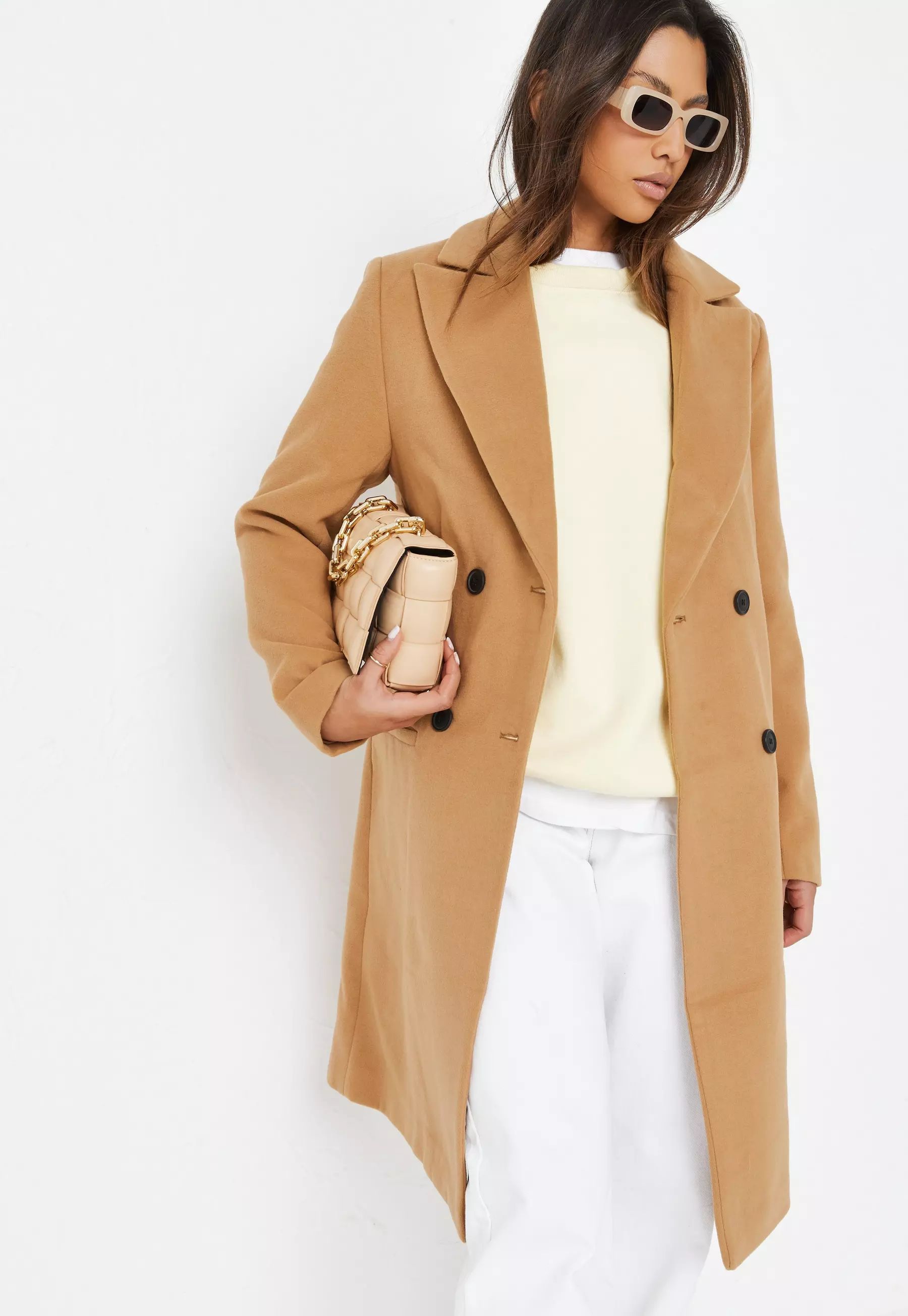 Camel Slim Double Breasted Longline Formal Coat | Missguided (UK & IE)