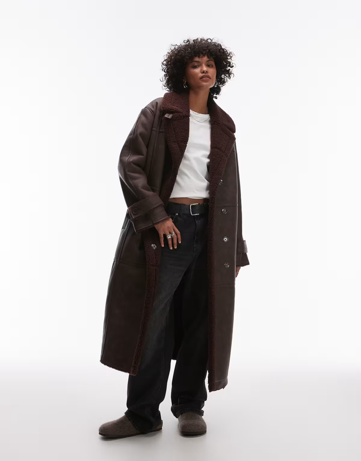 Topshop faux leather shearling long aviator jacket in burgundy | ASOS (Global)