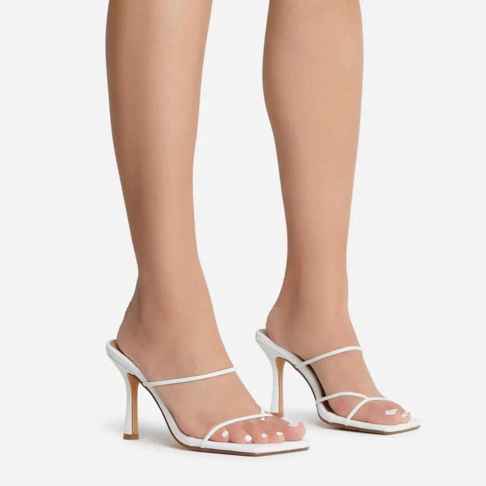 Vineburg Double Strap Detail Square Toe Heel Mule In White Faux Leather | Ego Shoes (UK)
