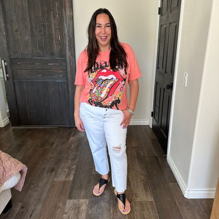 #walmartpartner I love that these graphic tees look lived-in,  they're comfy and soft right from the start! I paired them with these white jeans and simple black sandals. I'm a size 14 and I'm wearing an XL in these tees. For the jeans, I sized up to a 16. #walmartfashion @walmartfashion

#LTKFindsUnder50 #LTKSeasonal #LTKStyleTip