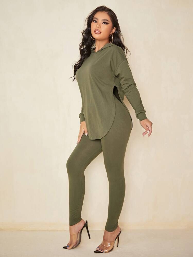 SHEIN Solid Split Curved Hem Hoodie & Leggings | SHEIN