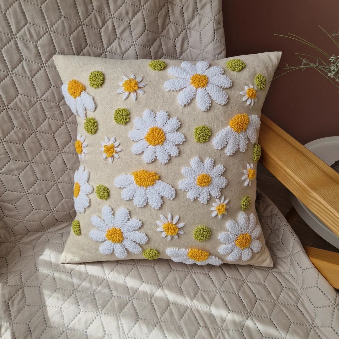 Punch Needle Daisy Pillow Accent Floral Throw Pillows Floral - Etsy | Etsy (US)