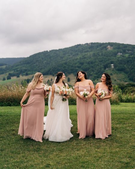 The most gorgeous bridal party in off the shoulder, chiffon dresses by Dessy in the color Toasted Sugar 💖  #bridesmaiddress #bridalparty #shopltkwedding 

#LTKwedding #LTKGiftGuide #LTKstyletip