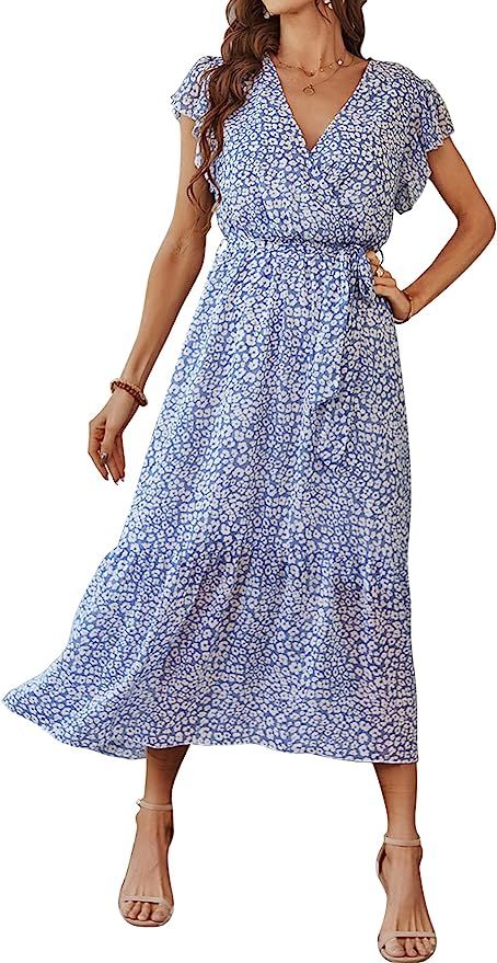 Vaiaye Bohemian Dress for Women Bohemian Ruffle Summer Dress Waist Tie V Neck Wrap Midi Sun Dress | Amazon (US)