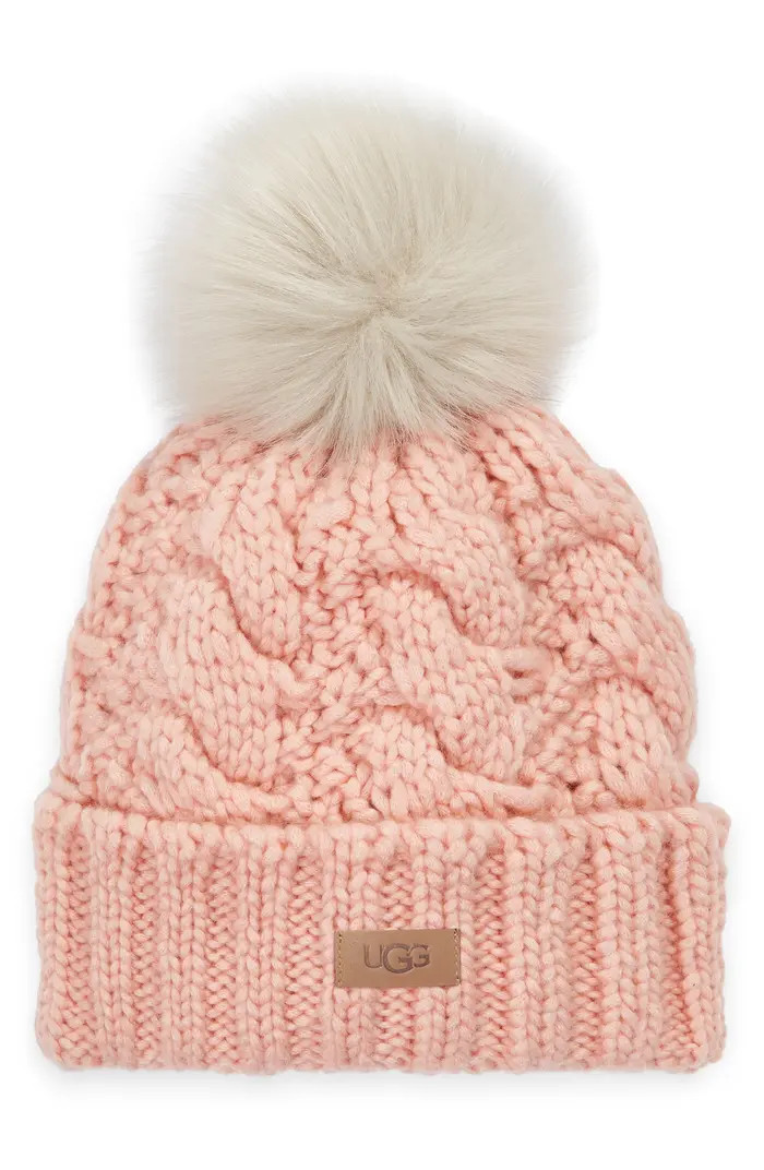 Cable Knit Beanie with Faux Fur Pom | Nordstrom