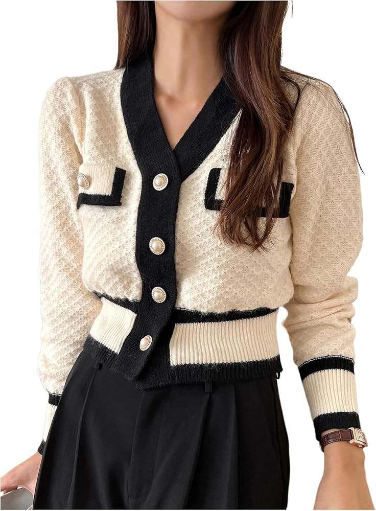 Floerns Women's Contrast Trim Long Sleeve Button Front V Neck Cardigan | Amazon (US)
