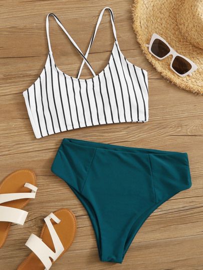 Striped Lace-up Back High Waisted Bikini Swimsuit | ROMWE